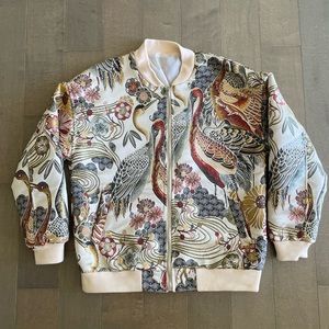 Floral Embroidered Japanese Crane Bomber Jacket